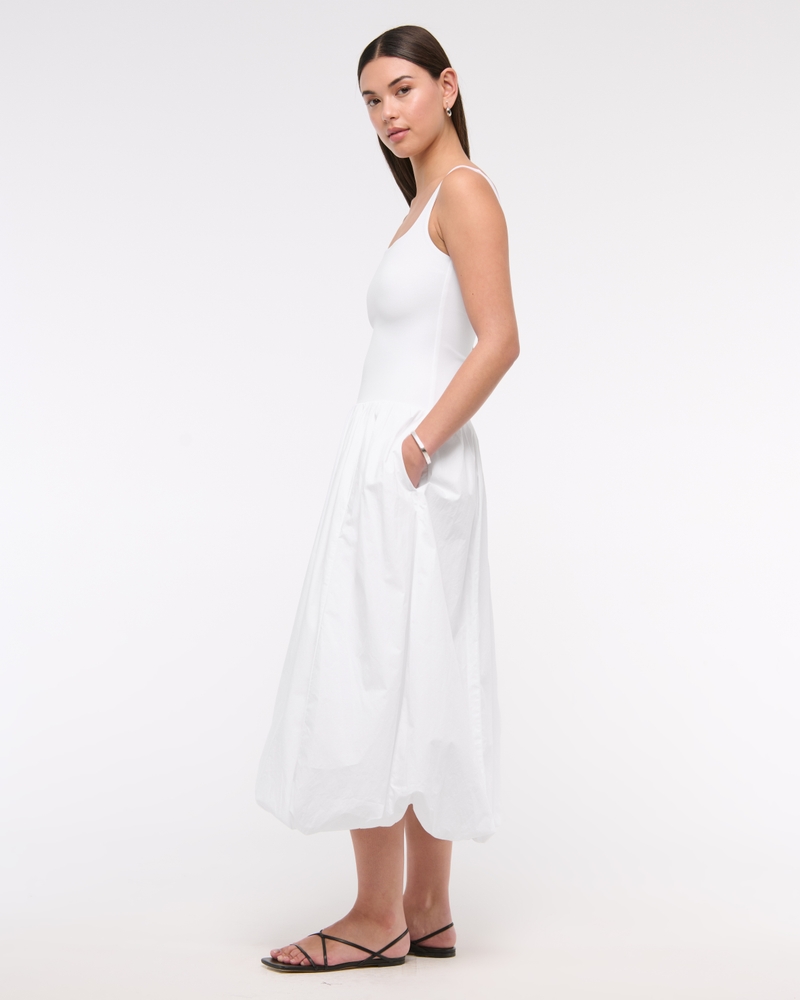 Mixed Fabric Bubble Hem Midi Dress