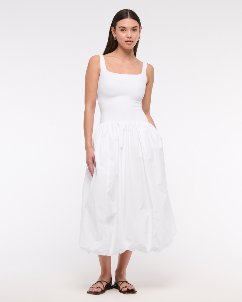 Mixed Fabric Bubble Hem Midi Dress