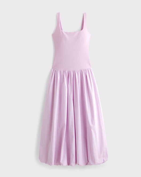 Mixed Fabric Bubble Hem Midi Dress, Pink view 1