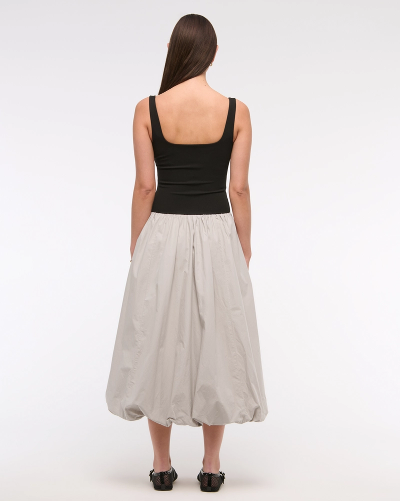 Mixed Fabric Bubble Hem Midi Dress