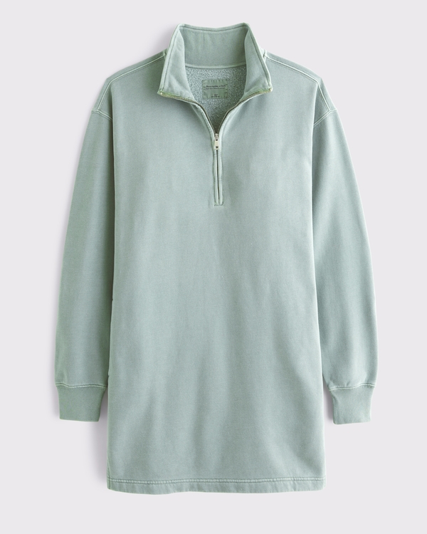 Long-Sleeve Zip-Up Fleece Mini Dress, Sage view 1