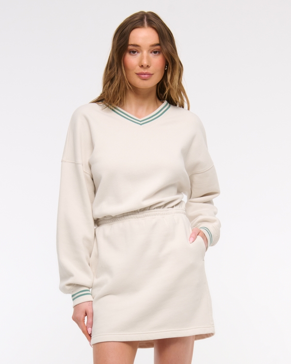 Fleece V-Neck Mini Dress, Feather Gray view 1