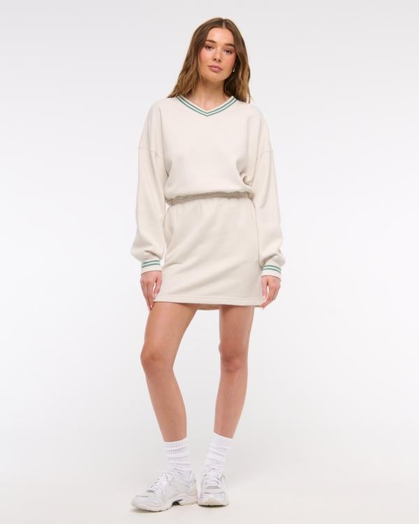 Fleece V-Neck Mini Dress, Feather Gray view 2