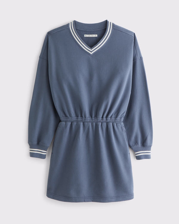 Fleece V-Neck Mini Dress, Vintage Indigo view 1