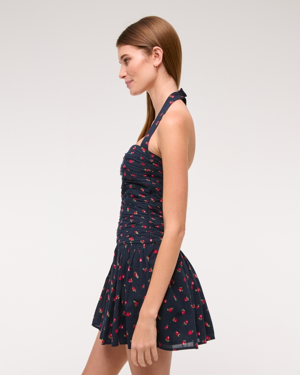 Women's The A&F Emerson Drop-Waist Halter Mini Dress In Navy Pattern | Size XXL PETITE | Abercrombie & Fitch