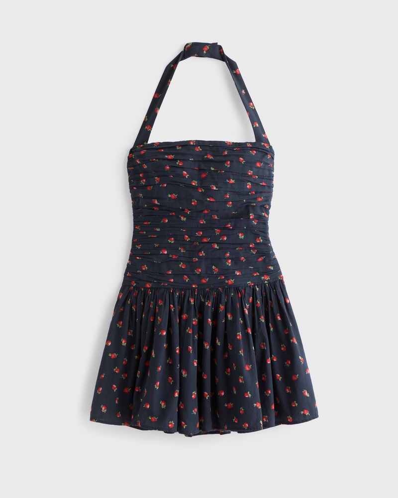 Women's The A&F Emerson Drop-Waist Halter Mini Dress in Navy Pattern | Size XXL | Abercrombie & Fitch