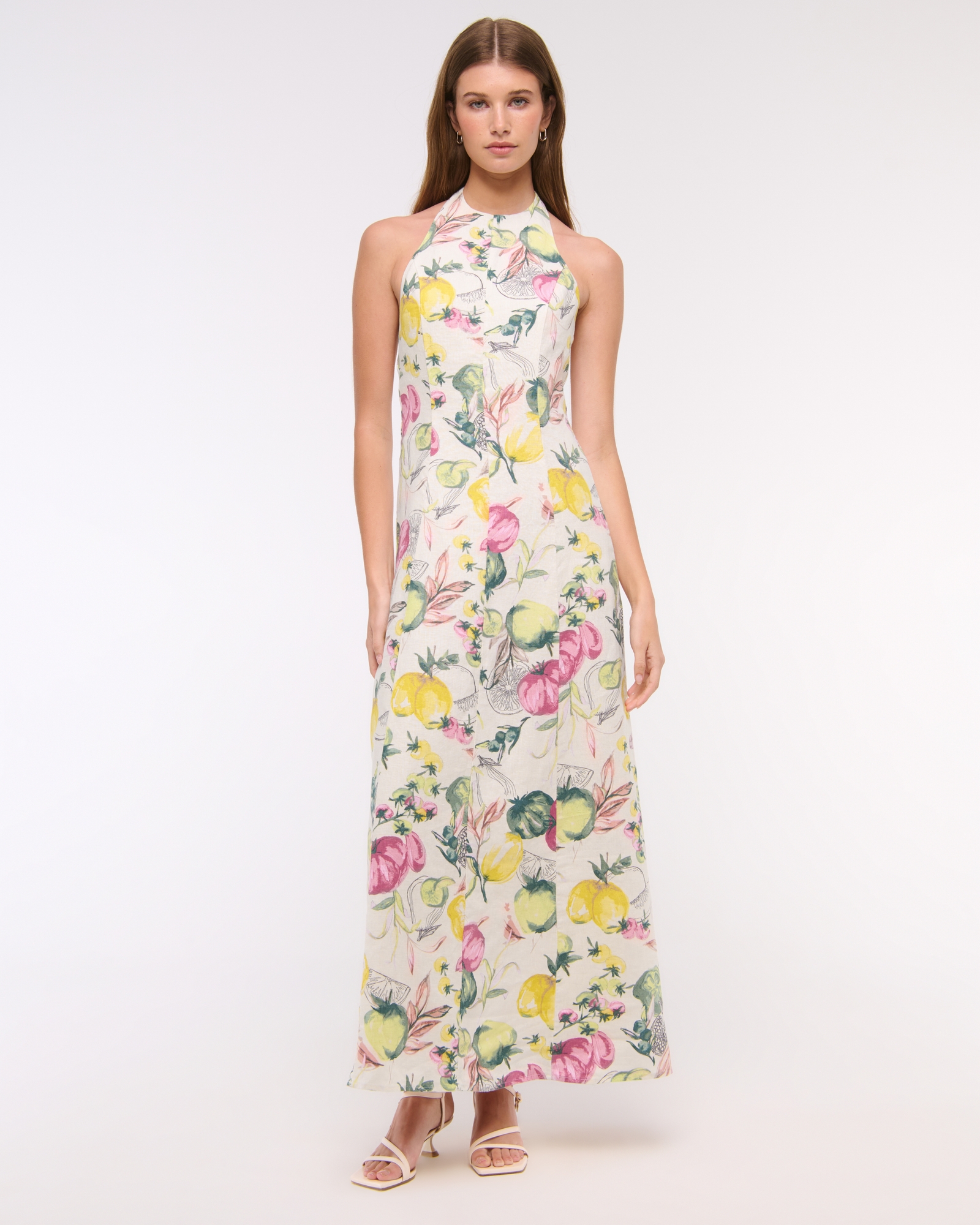 linen dress abercrombie Women's Strapless Drop-Waist Linen-Blend Maxi Dress in Cream Floral | Size L