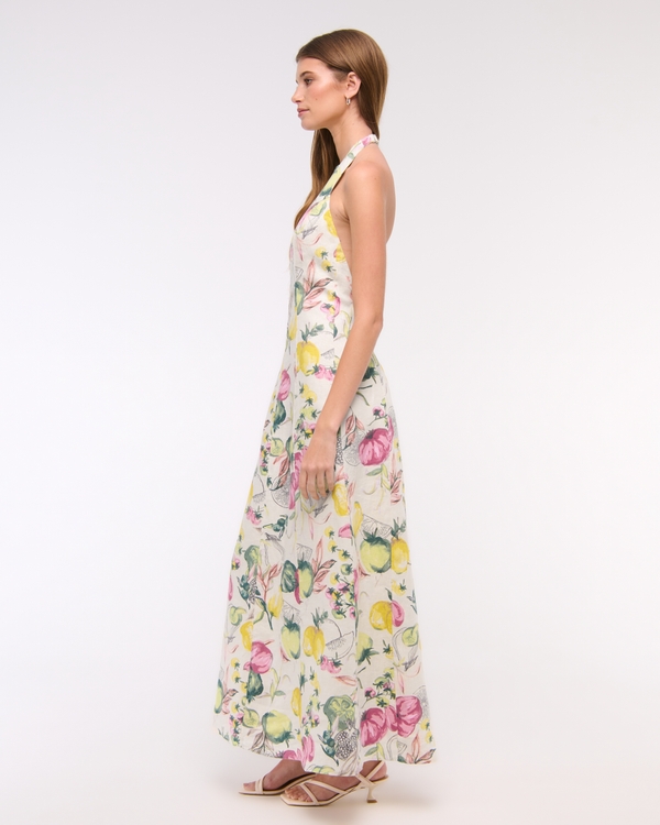 Women's Premium Linen High-Neck Maxi Dress in Vegetable Print | Size XS PETITE | Abercrombie & Fitch