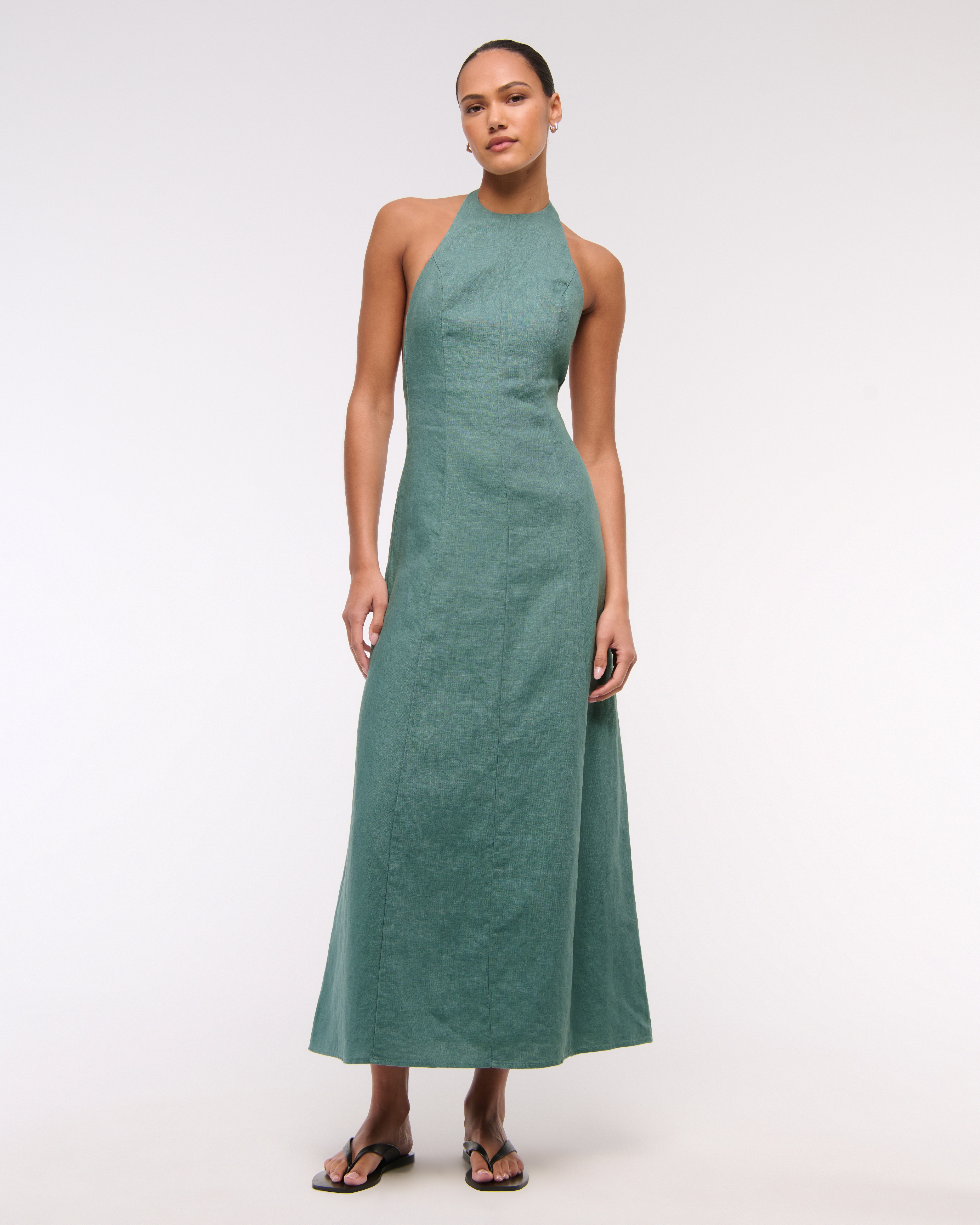 Abercrombie & Fitch Premium Linen High-neck Maxi Dress In Green