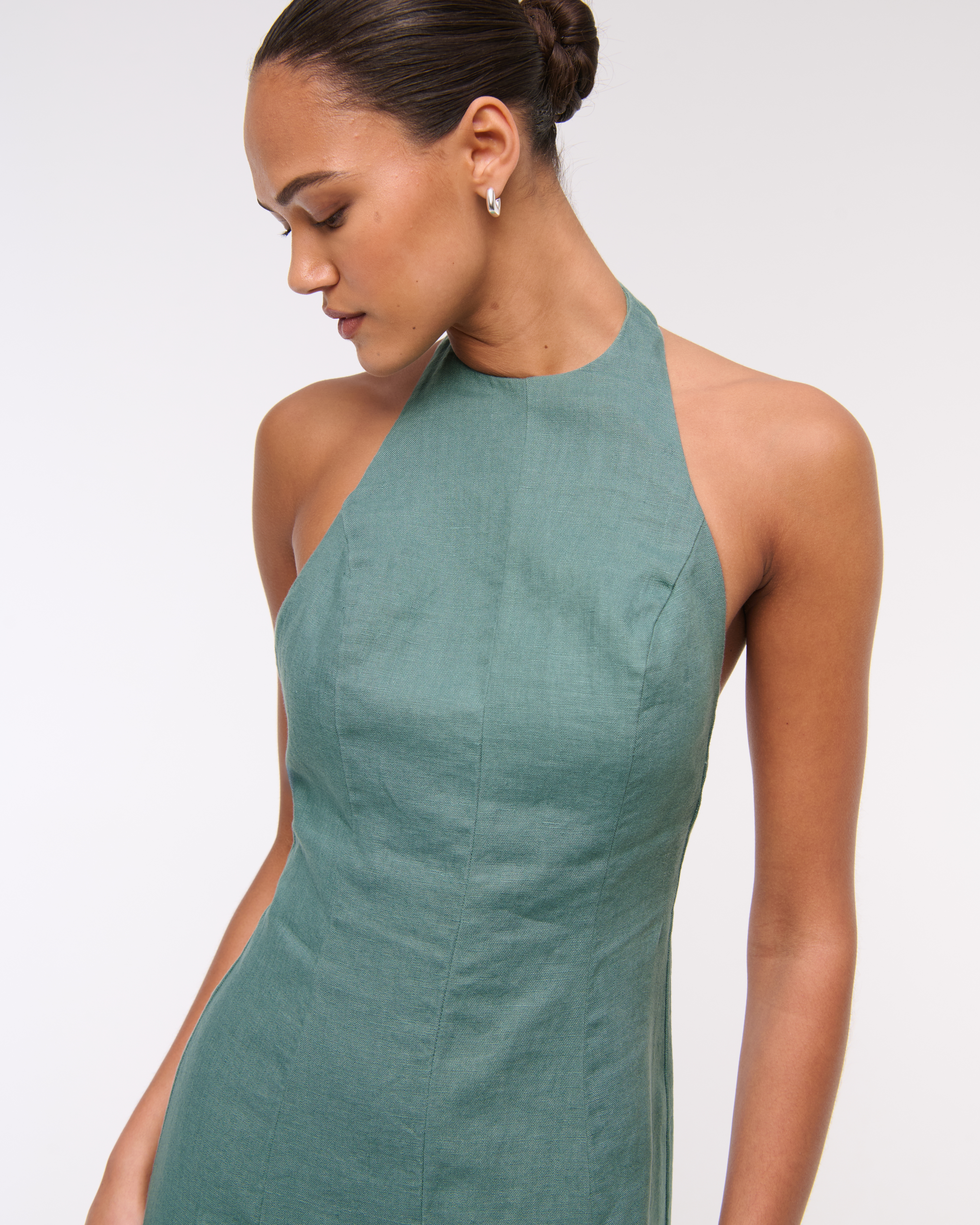 Abercrombie & Fitch Premium Linen High-neck Maxi Dress In Green