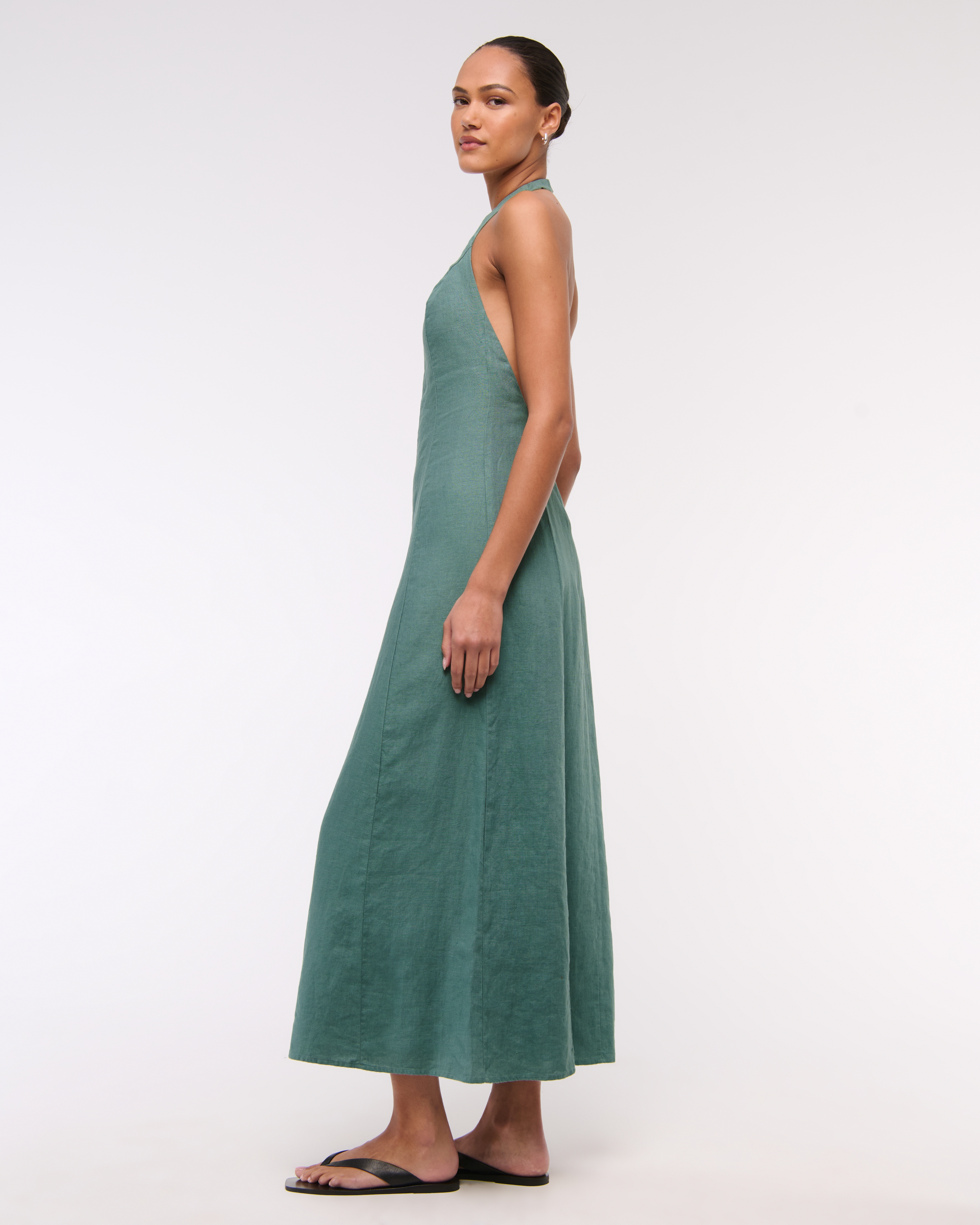 Abercrombie & Fitch Premium Linen High-neck Maxi Dress In Green