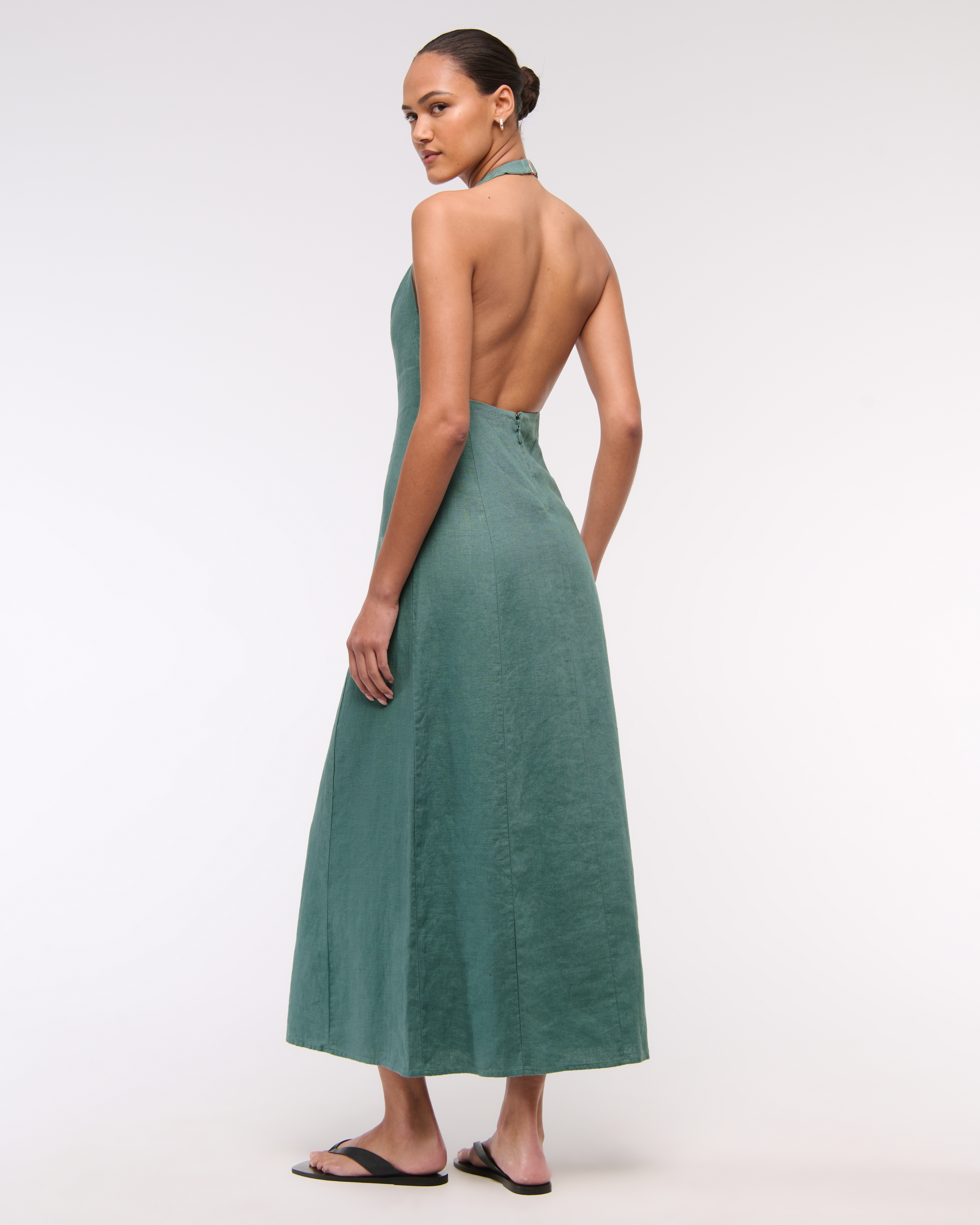 Abercrombie & Fitch Premium Linen High-neck Maxi Dress In Green