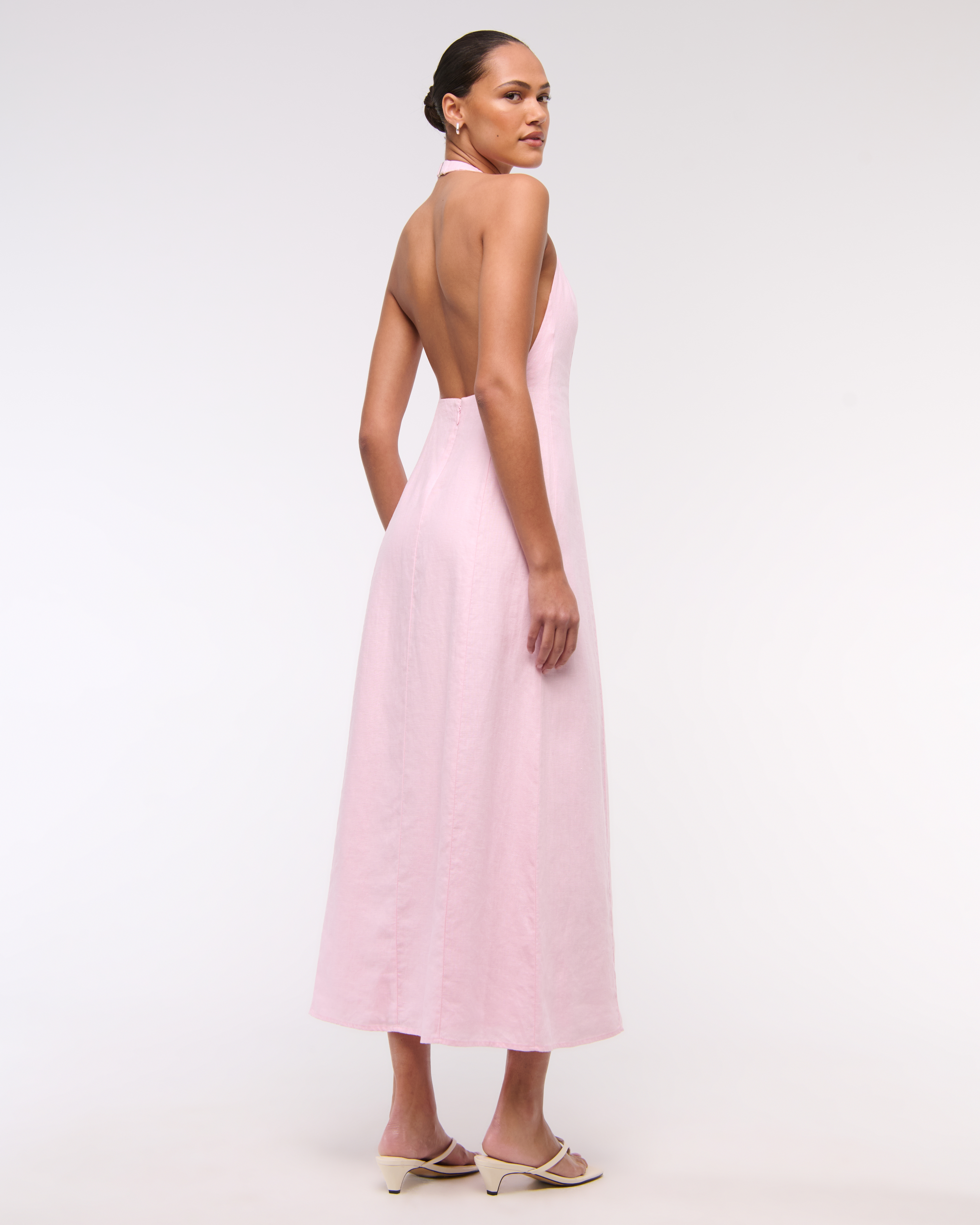 Abercrombie & Fitch Premium Linen High-neck Maxi Dress In Pink