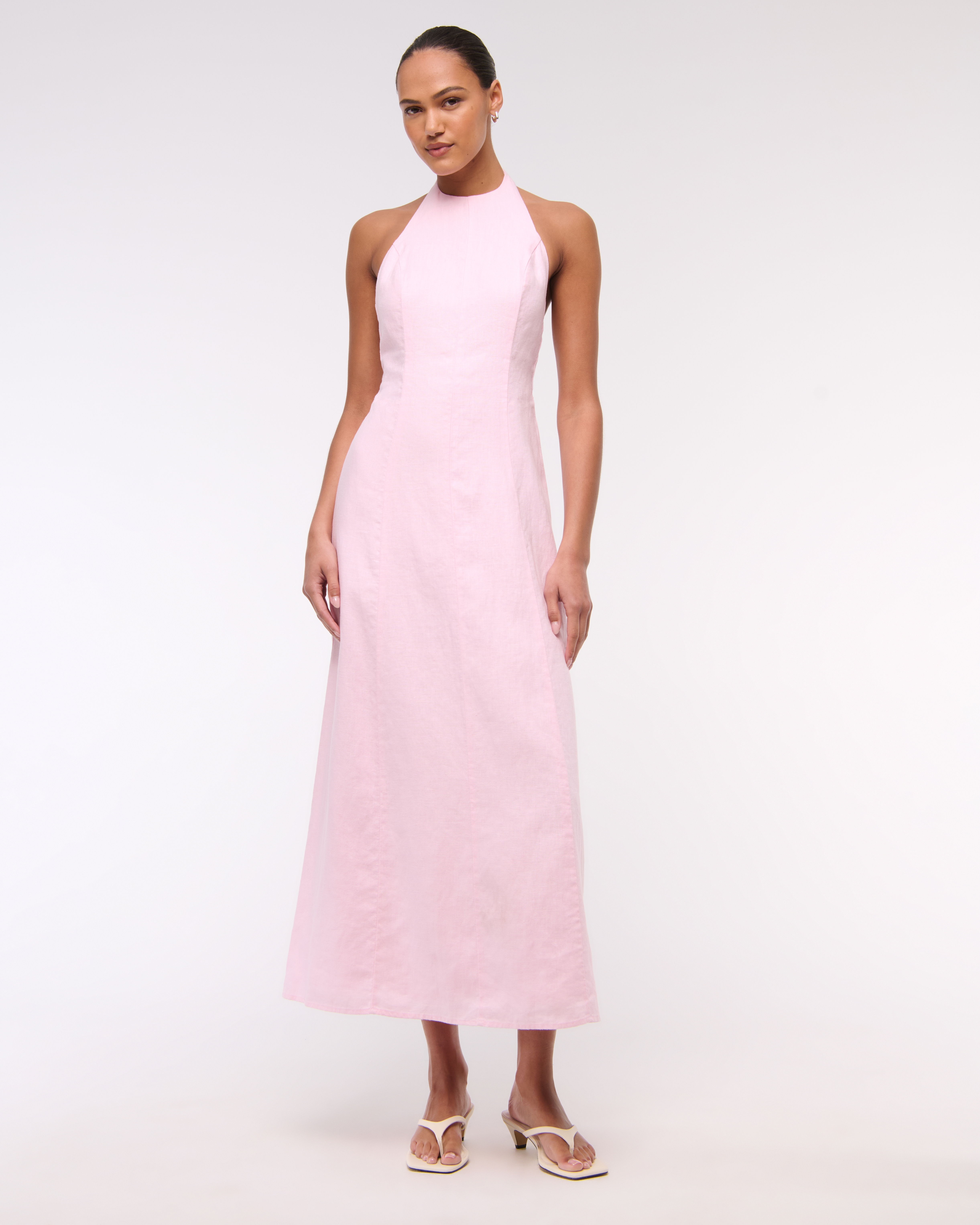 Abercrombie & Fitch Premium Linen High-neck Maxi Dress In Pink