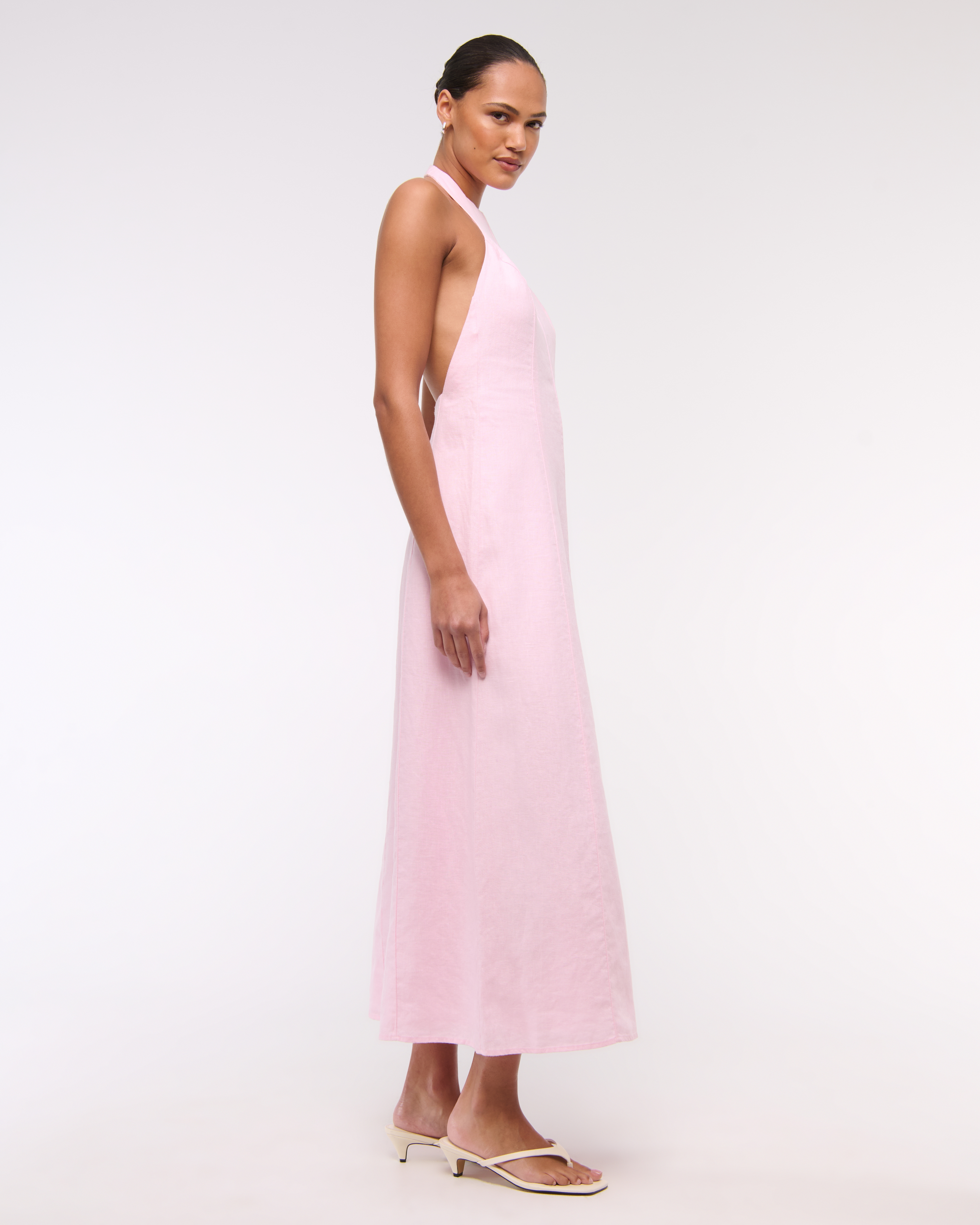 Abercrombie & Fitch Premium Linen High-neck Maxi Dress In Pink