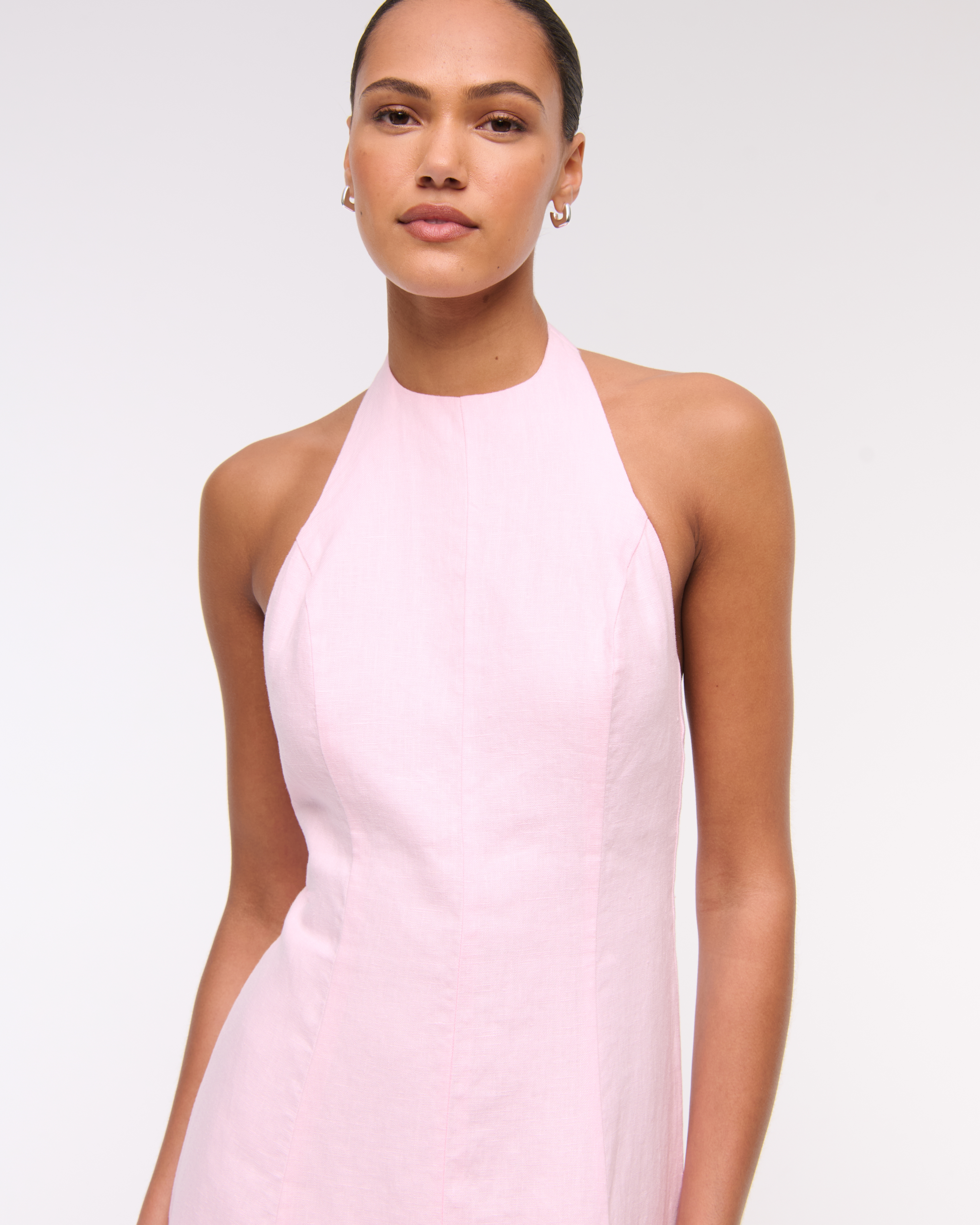 Abercrombie & Fitch Premium Linen High-neck Maxi Dress In Pink
