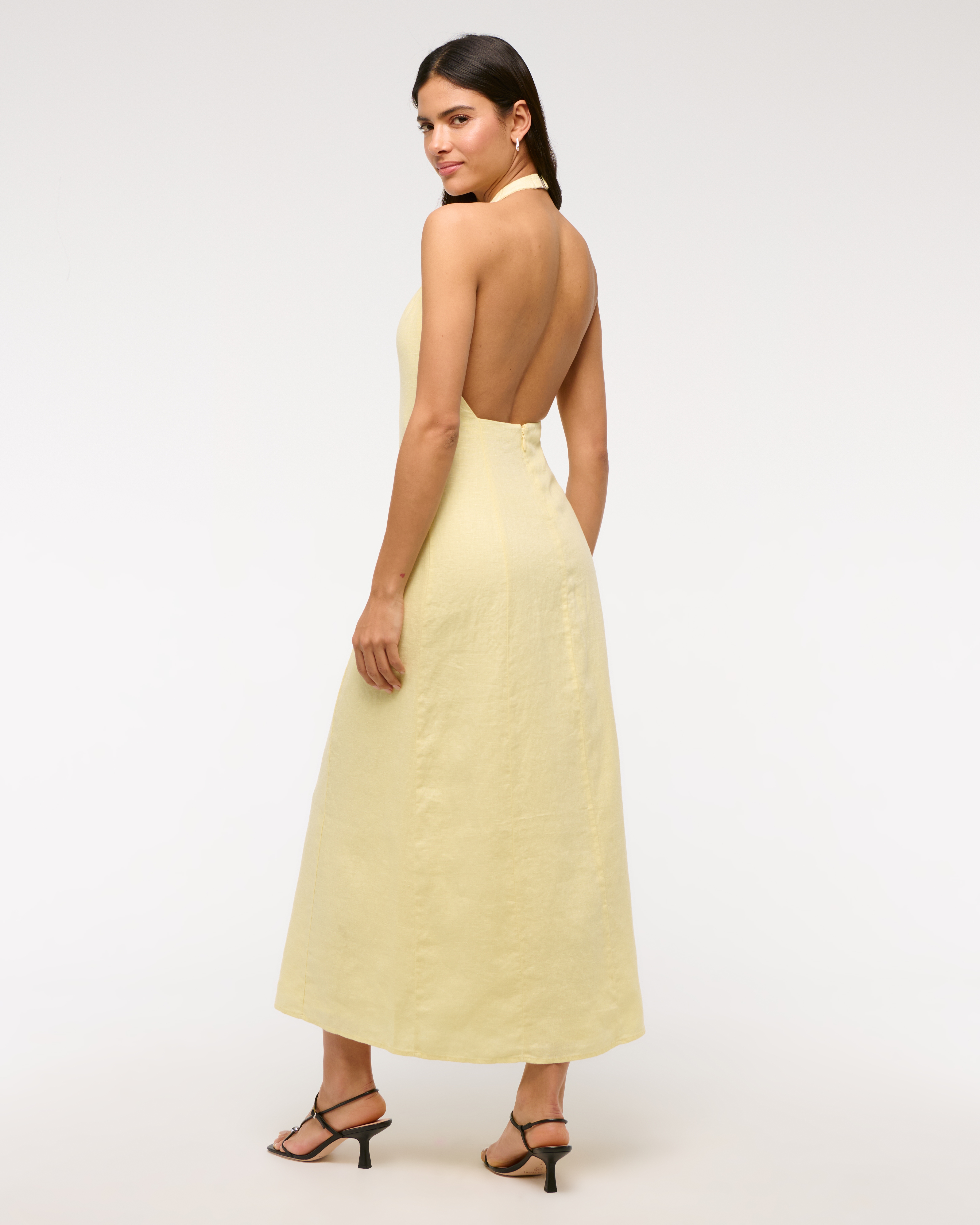 Abercrombie & Fitch Premium Linen High-neck Maxi Dress In Yellow