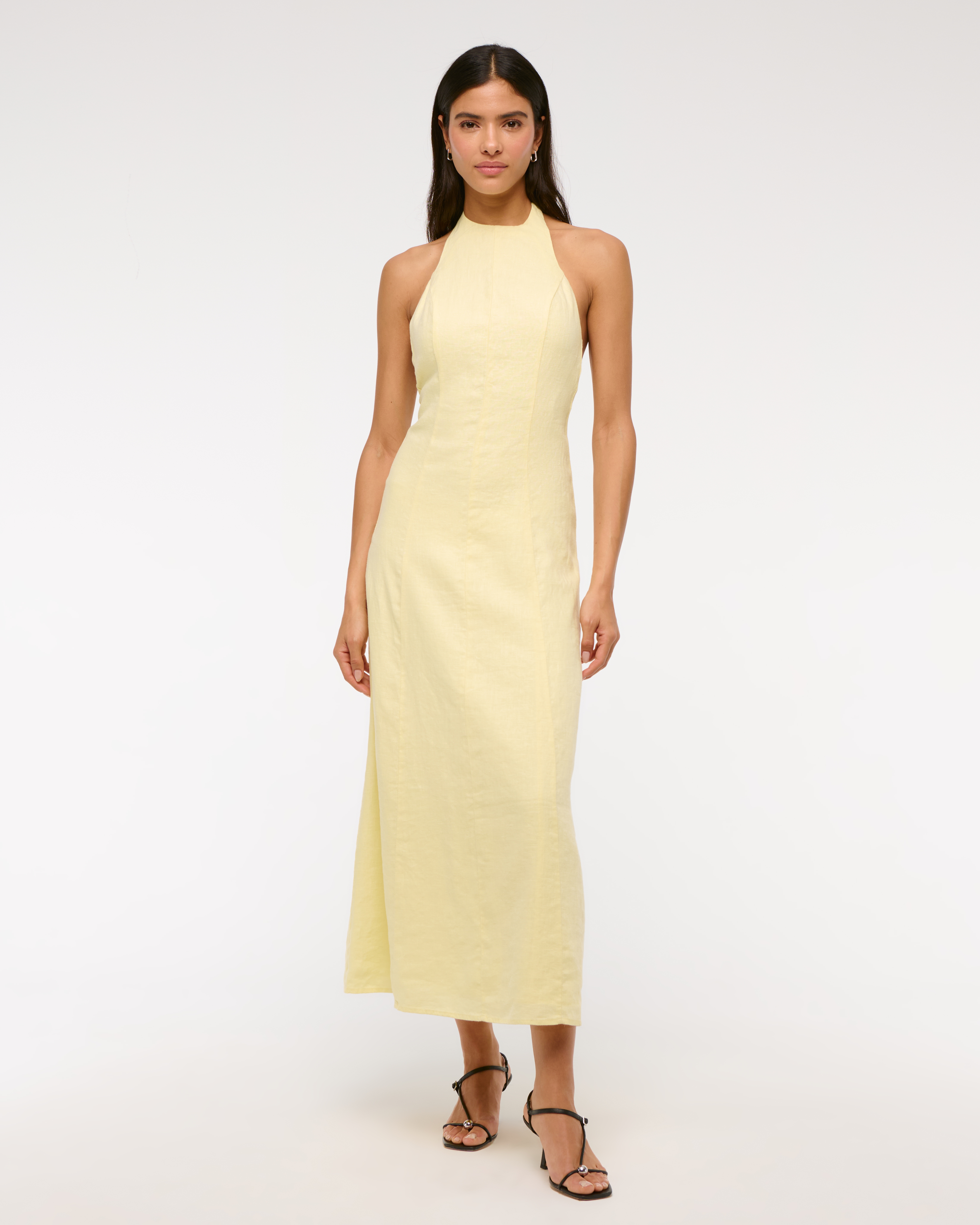 Abercrombie & Fitch Premium Linen High-neck Maxi Dress In Yellow