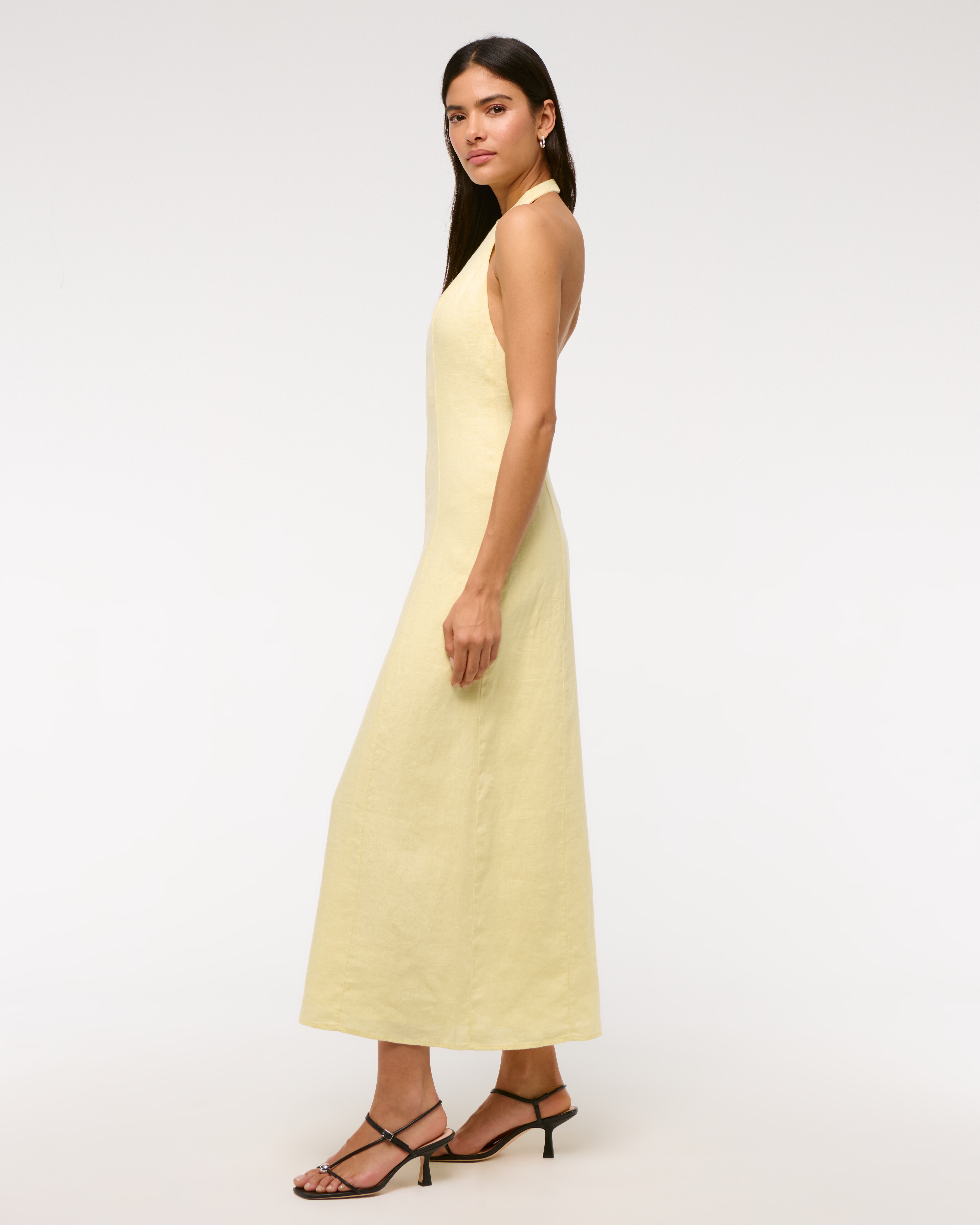 Abercrombie & Fitch Premium Linen High-neck Maxi Dress In Yellow