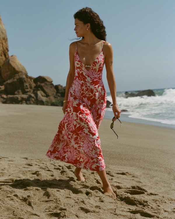 Beaded Flowy Midi Dress, Red Floral view 1