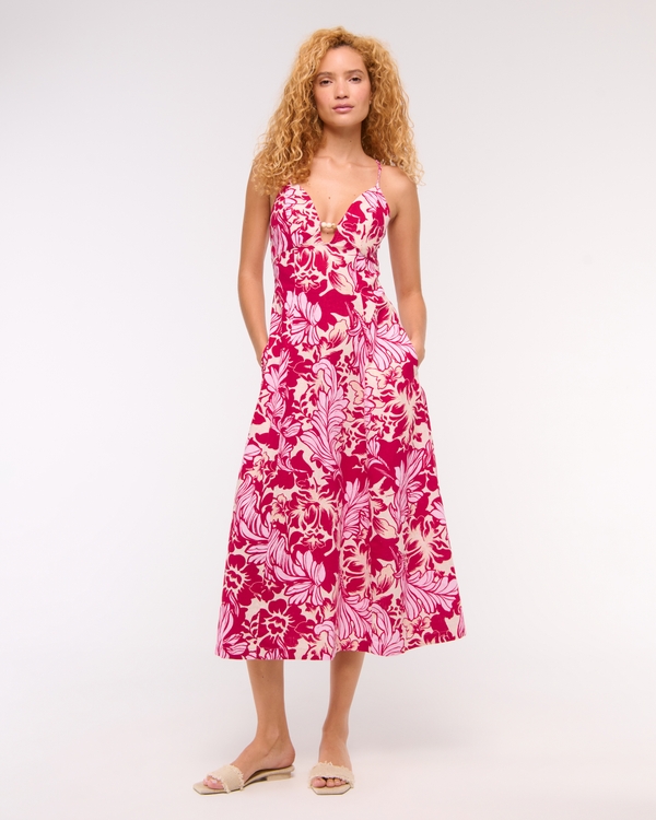Beaded Flowy Midi Dress, Red Floral view 2