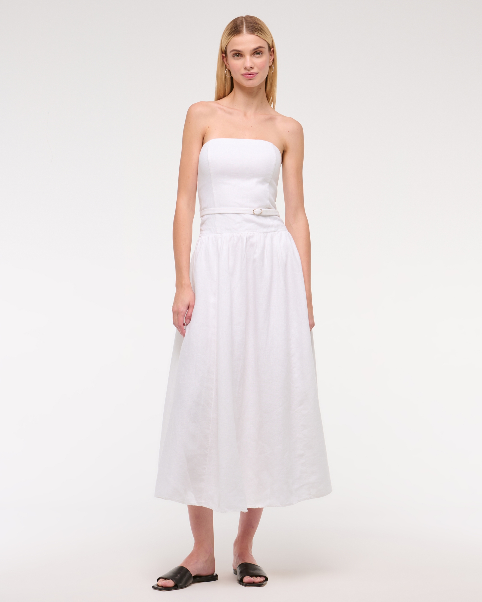 Premium Linen Drop-Waist Belted Midi Dress