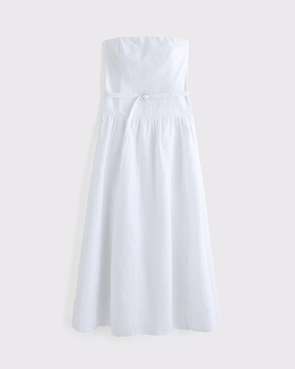 Premium Linen Drop-Waist Belted Midi Dress