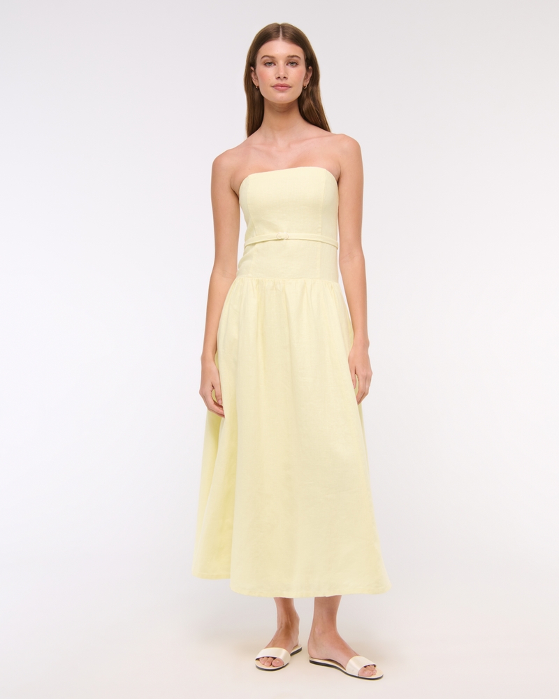 Women's Premium Linen Drop-Waist Belted Midi Dress in Yellow | Size XL
