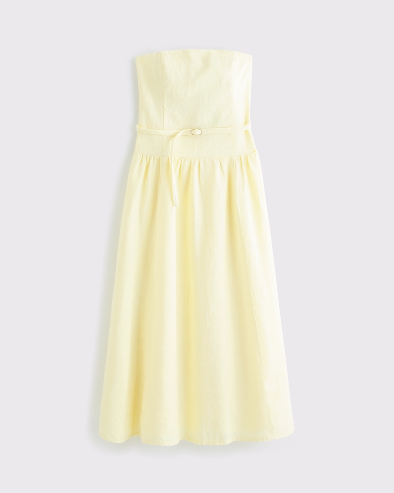 Women's Premium Linen Drop-Waist Belted Midi Dress in Yellow | Size XL | Abercrombie & Fitch