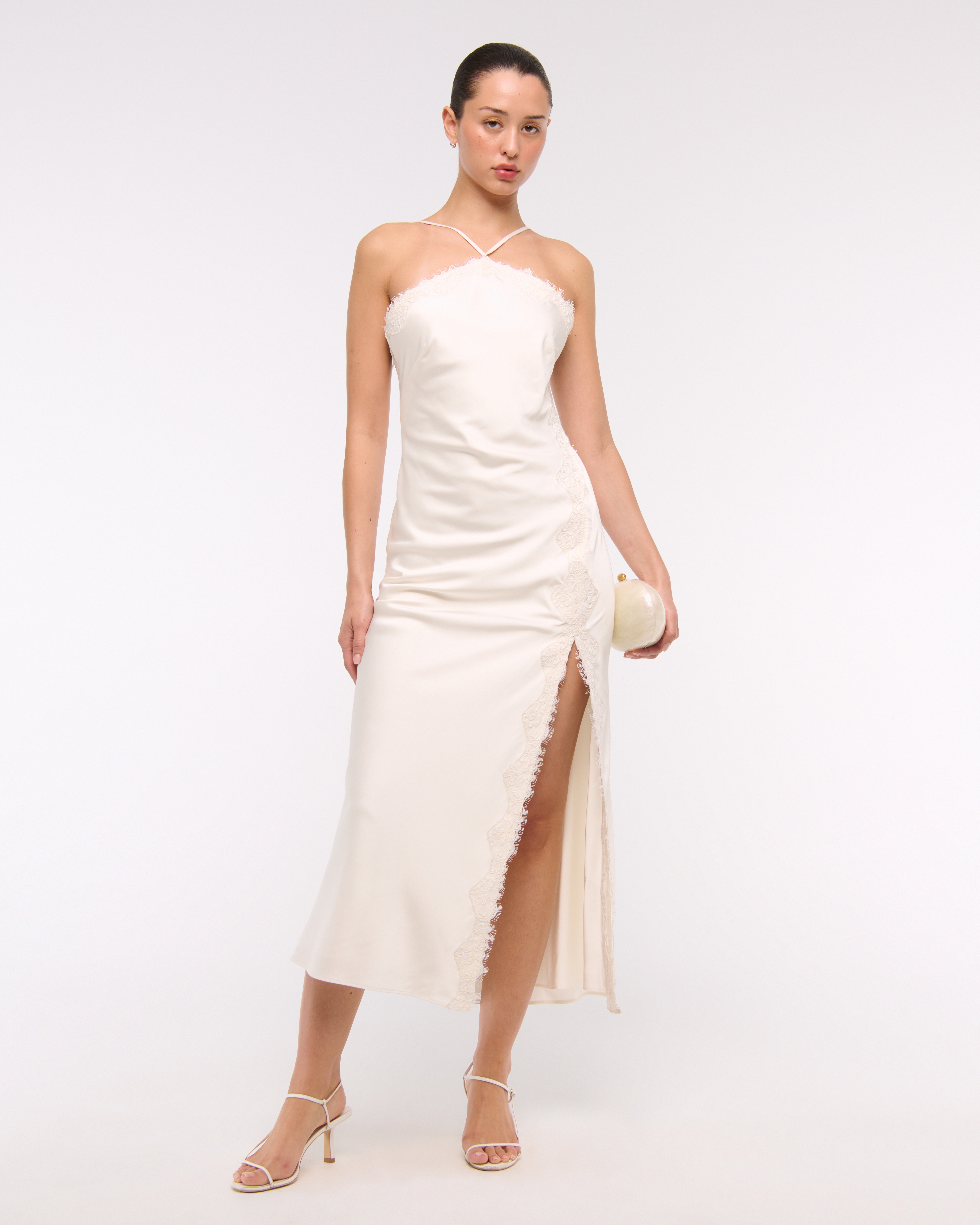 Abercrombie & Fitch High Neck Lace Trim Midi Dress In White