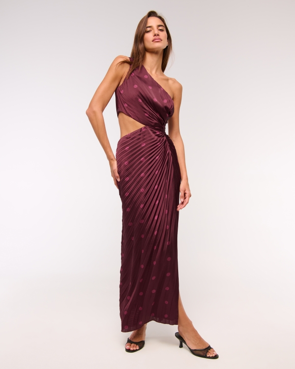 The A&F Giselle Pleated One-Shoulder Cutout Maxi Dress, Deep Wine Dot view 1