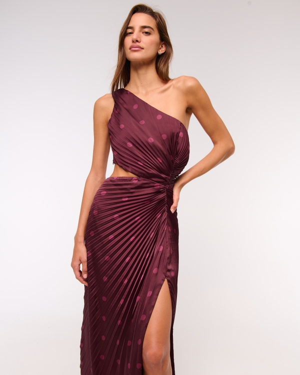 The A&F Giselle Pleated One-Shoulder Cutout Maxi Dress, Deep Wine Dot view 2