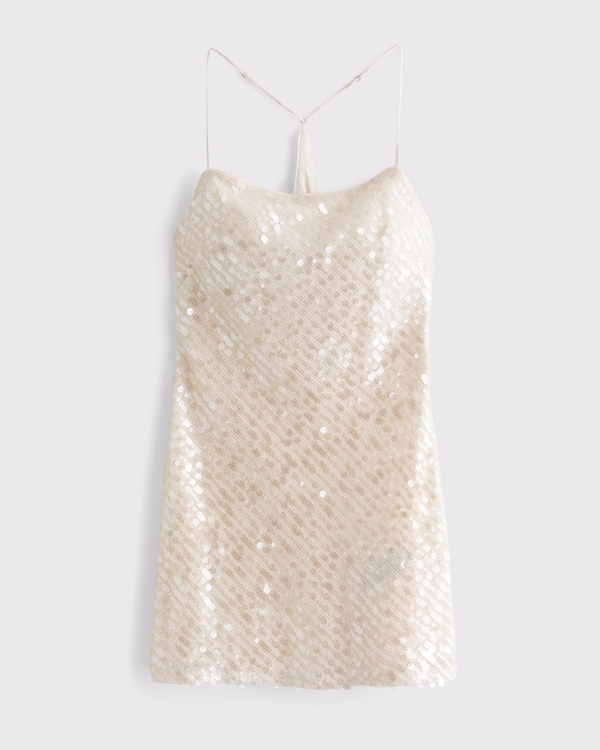 Women's Embellished Slip Mini Dress in Cream Sequin | Size L | Abercrombie & Fitch