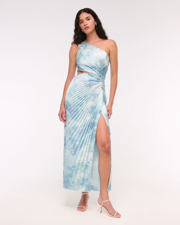 The A&F Giselle Pleated One-Shoulder Cutout Maxi Dress, Pastel Blue Pattern view 1