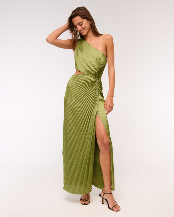 Vestito lungo con cut-out a pieghe monospalla A&F Giselle, Verde Vine view 1