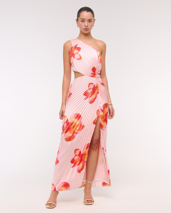The A&F Giselle Pleated One-Shoulder Cutout Maxi Dress, Light Pink Floral view 1