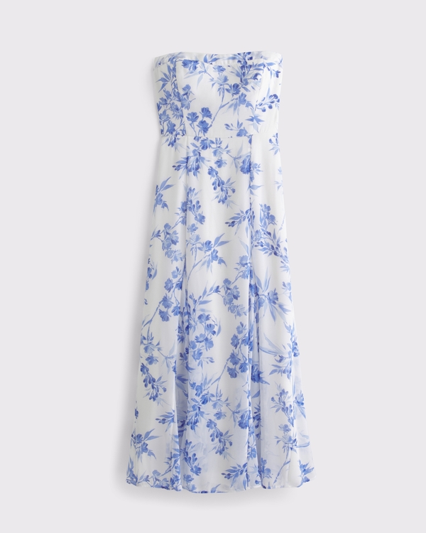 The A&F Camille Strapless Godet Midi Dress, White Floral view 1