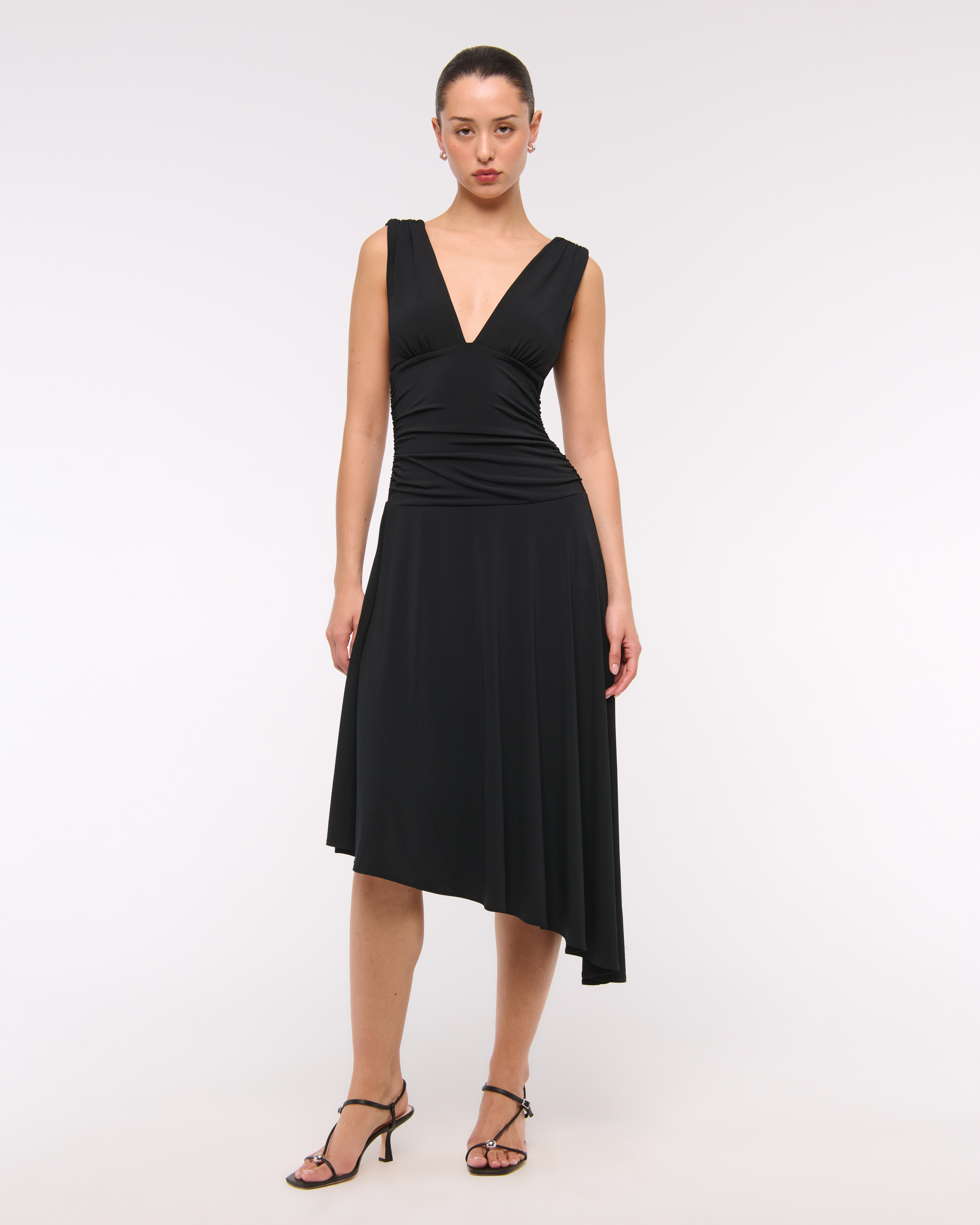 Abercrombie & Fitch Plunge Ruched Knit Midi Dress In Black