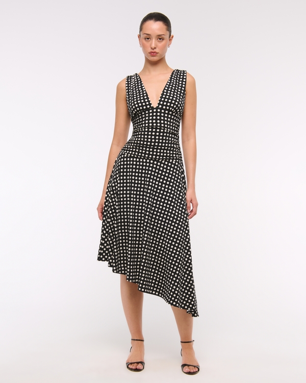 Plunge Ruched Knit Midi Dress, Black Polka Dot view 1