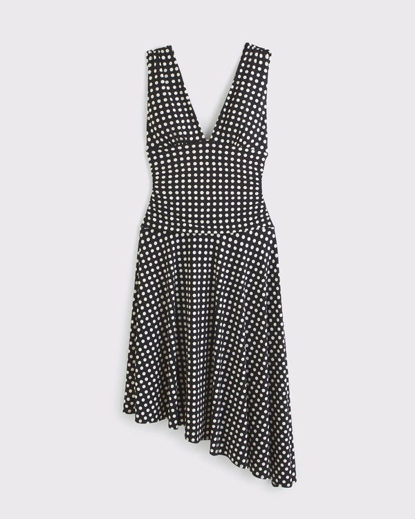 Plunge Ruched Knit Midi Dress, Black Polka Dot view 1