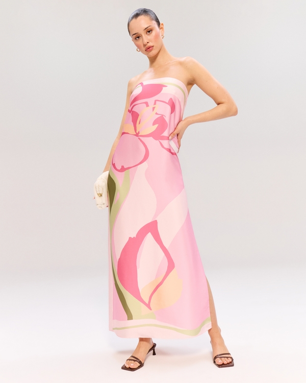 The A&F Julia Strapless Slip Maxi Dress, Pink Pattern view 1