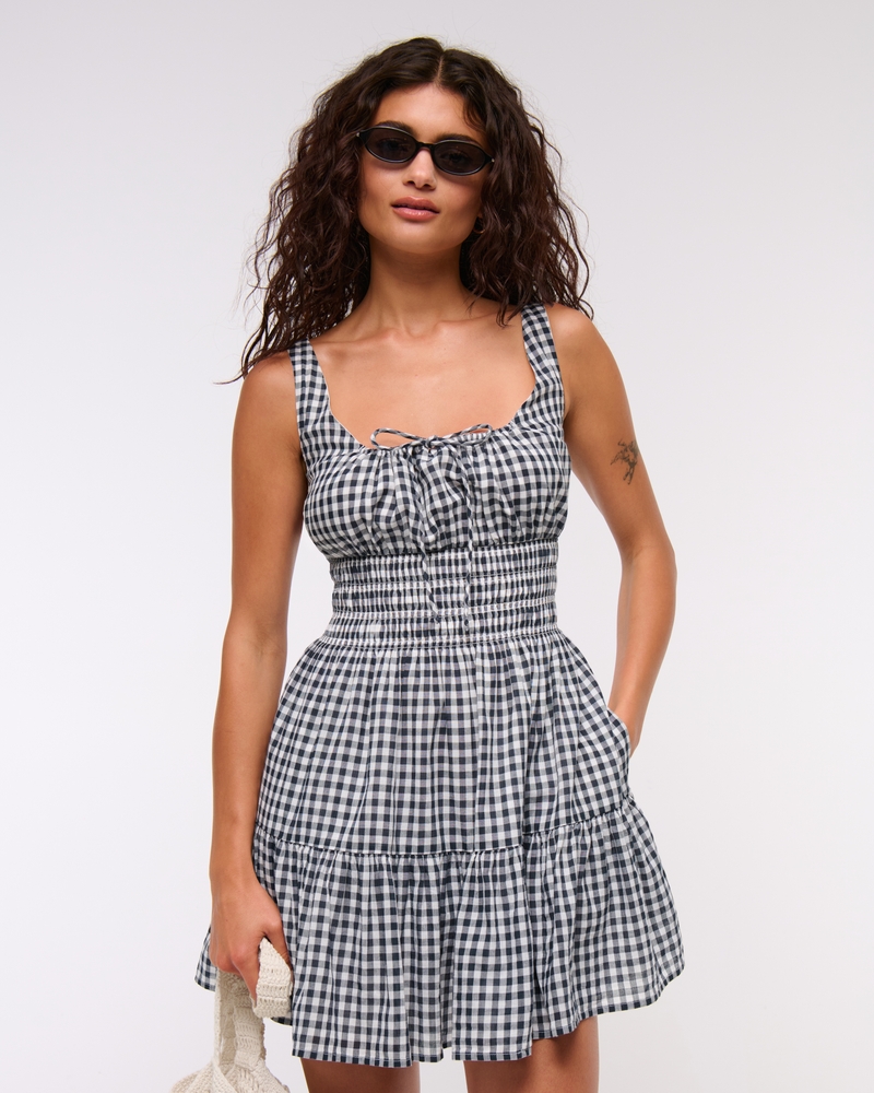 ワンピース S size Karen check mini dress Women's Smocked Tie-Front Mini Dress | Women's Clearance