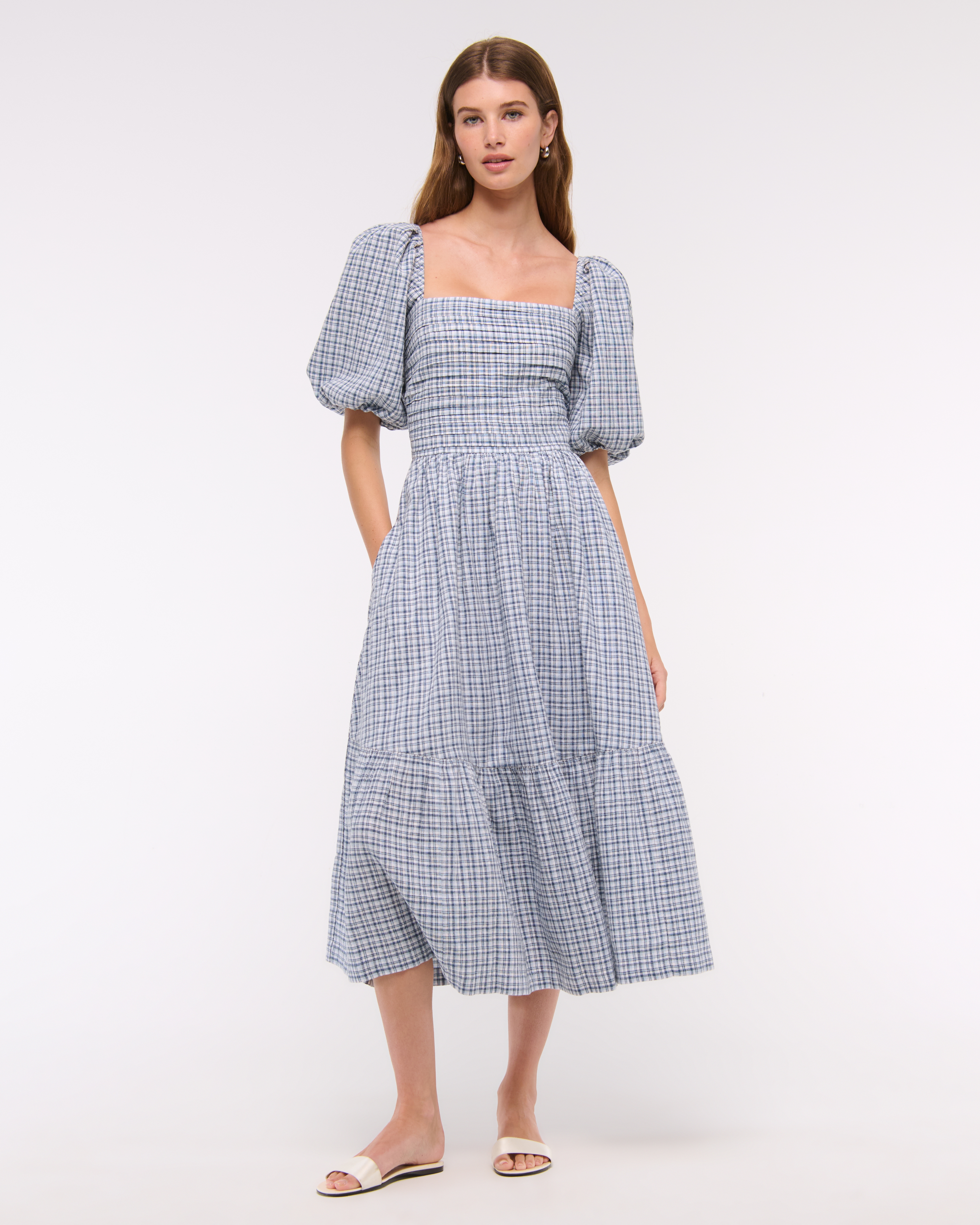 Abercrombie & Fitch The A&f Emerson Linen-blend Puff Sleeve Midi Dress In Blue