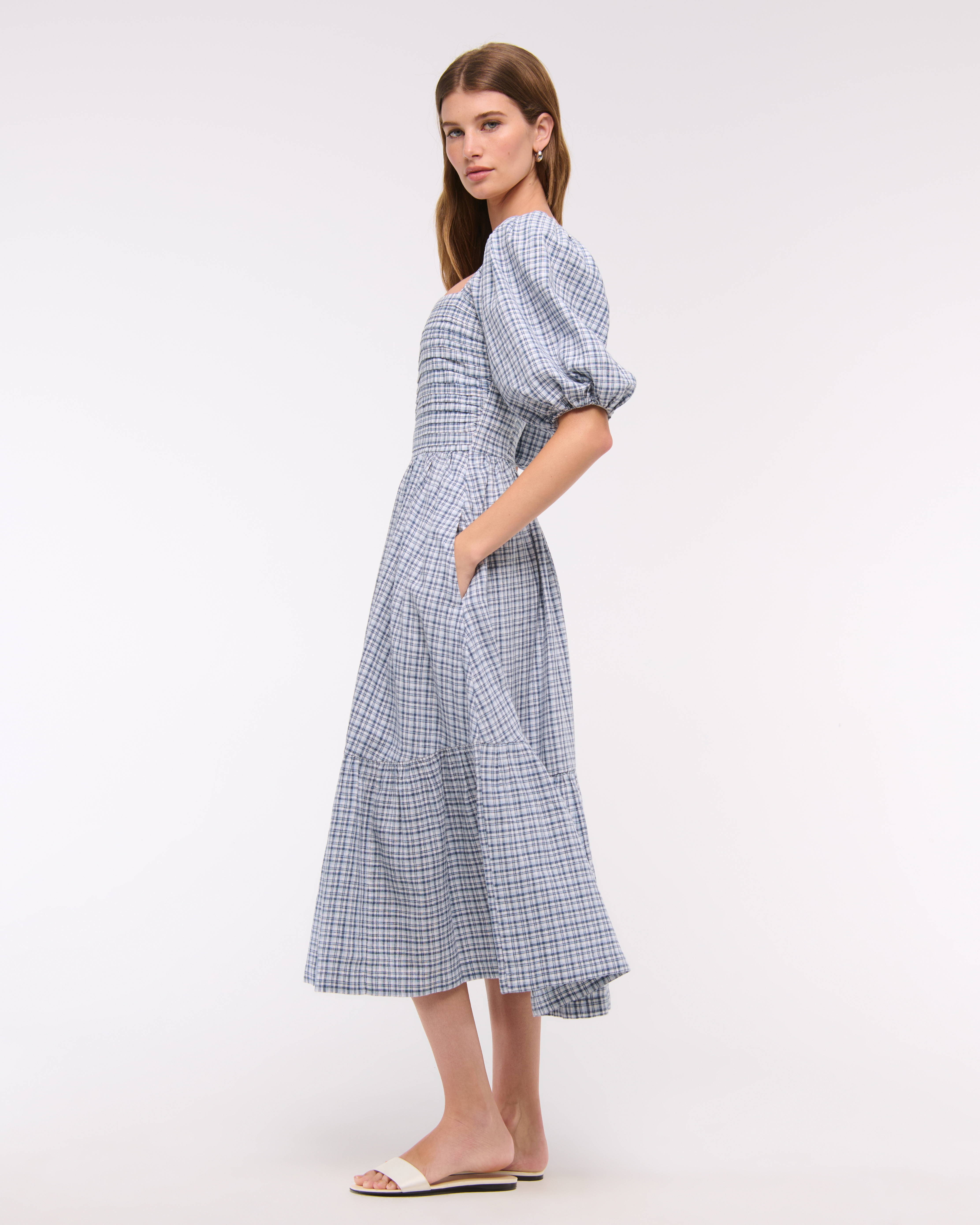 Abercrombie & Fitch The A&f Emerson Linen-blend Puff Sleeve Midi Dress In Blue