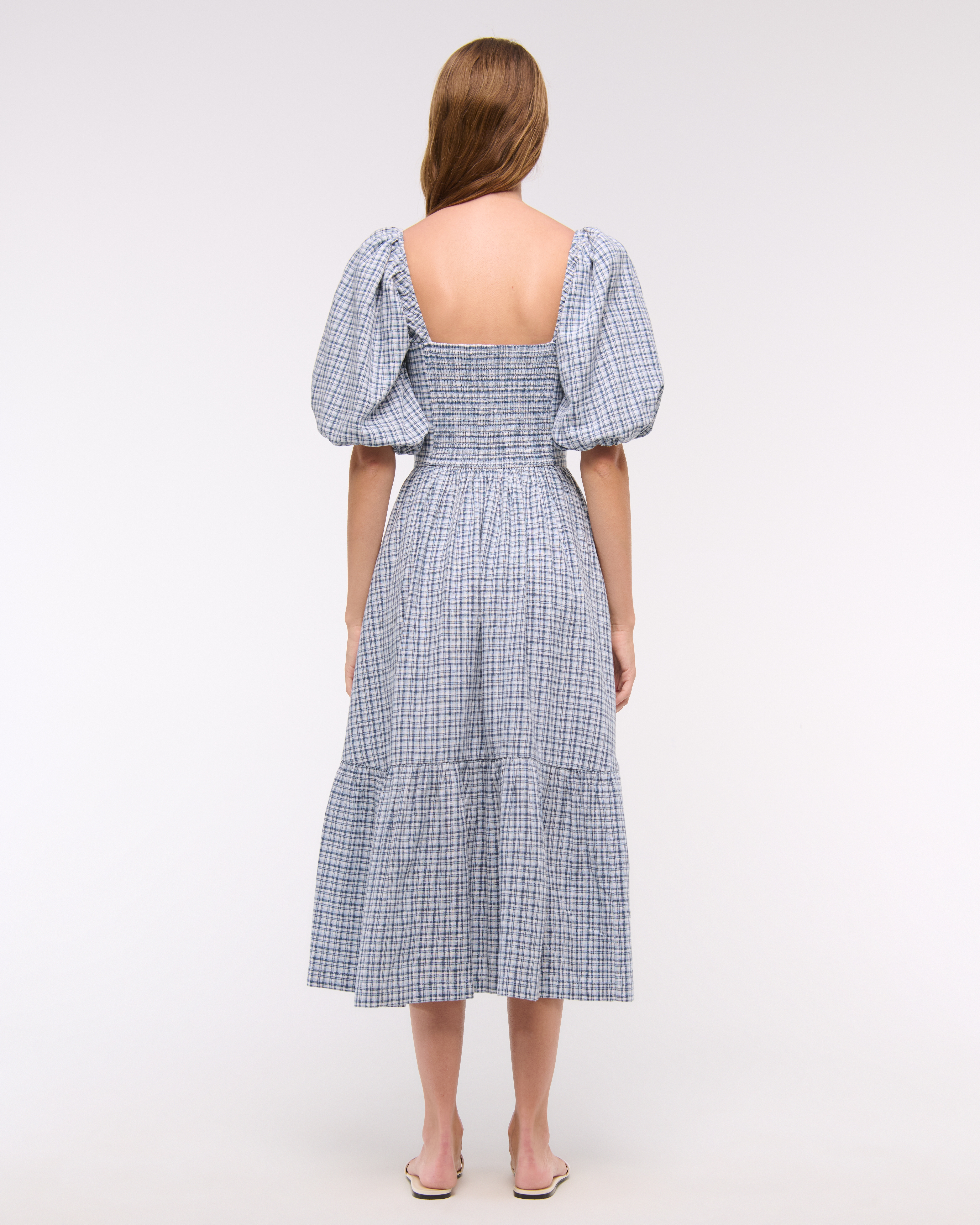 Abercrombie & Fitch The A&f Emerson Linen-blend Puff Sleeve Midi Dress In Blue