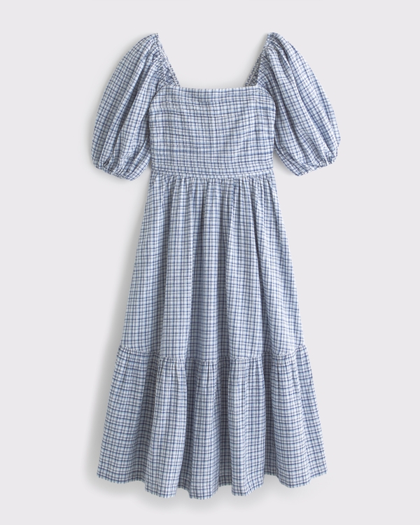 The A&F Emerson Linen-Blend Puff Sleeve Midi Dress, Blue Plaid view 1
