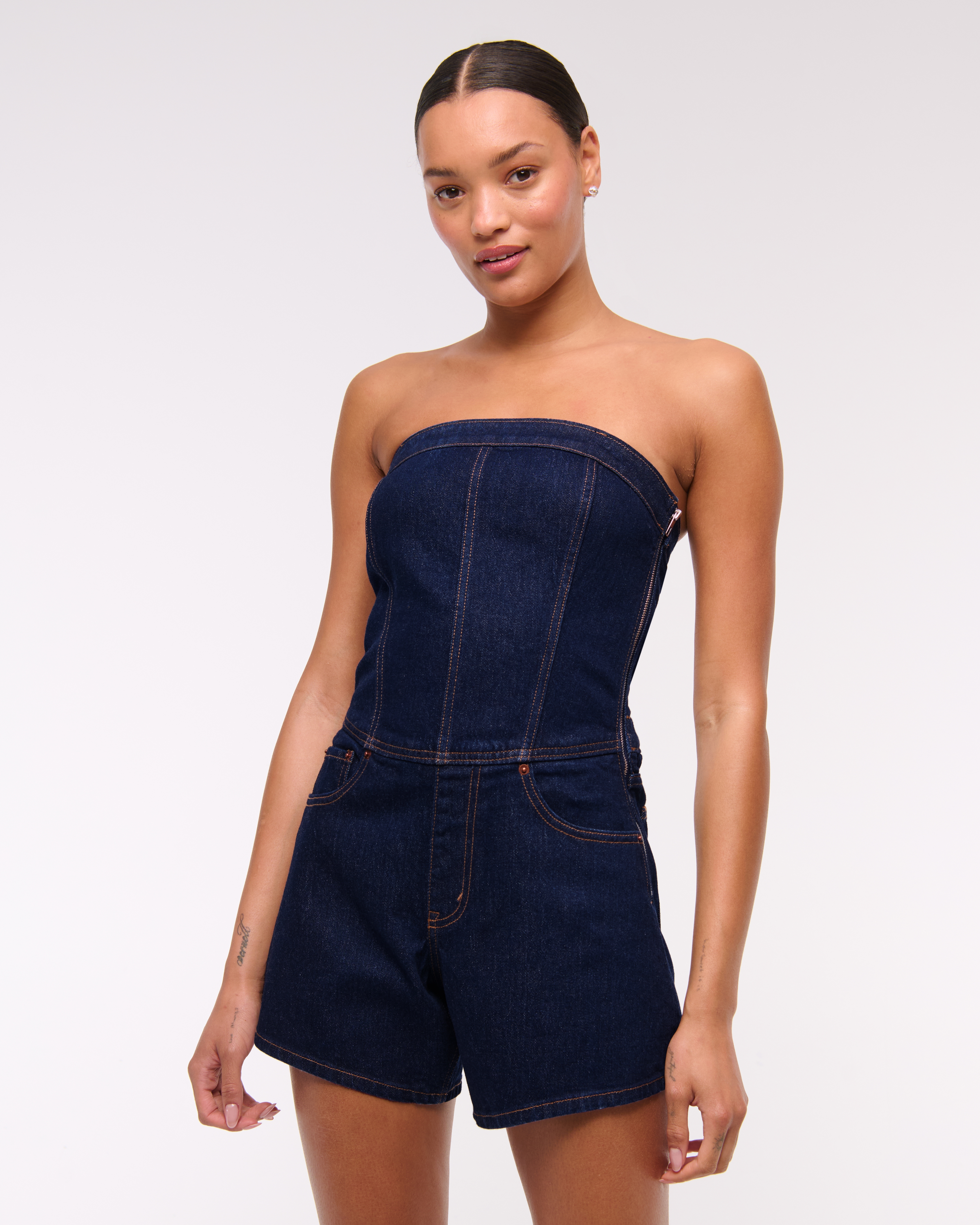 Abercrombie & Fitch Strapless Denim Romper In Blue