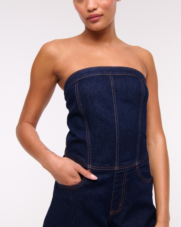 Women's Strapless Denim Romper in Dark Denim | Size XL PETITE | Abercrombie & Fitch