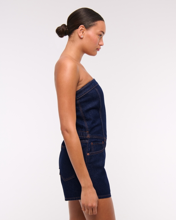 Women's Strapless Denim Romper in Dark Denim | Size XL PETITE | Abercrombie & Fitch