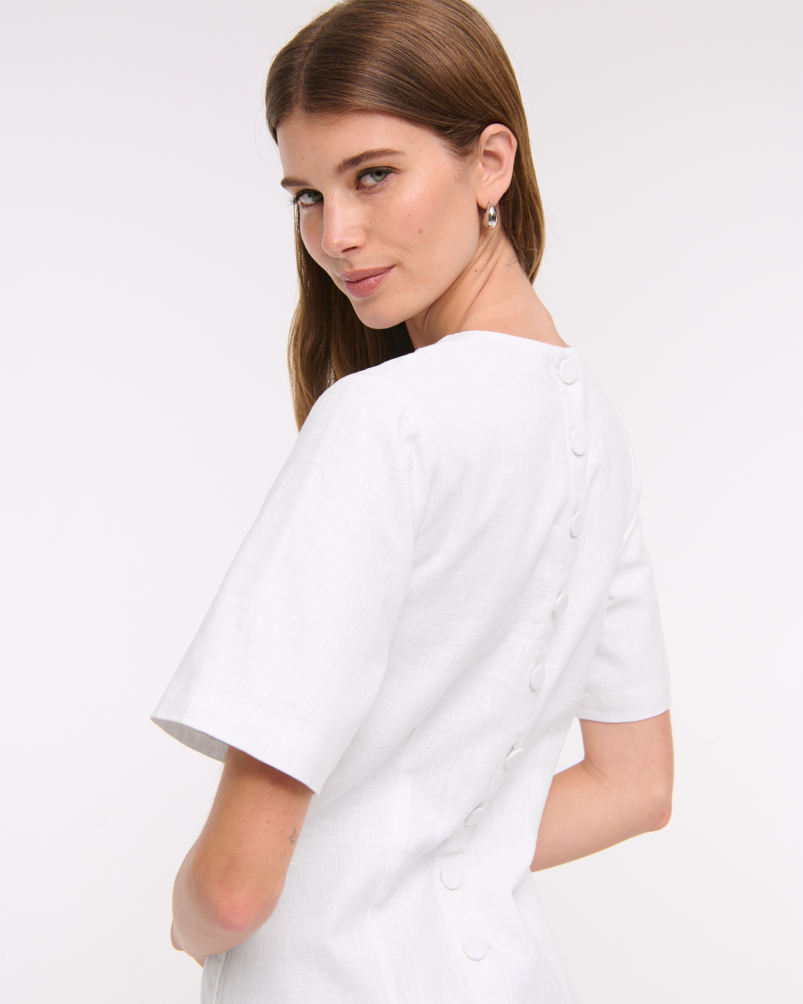 Short-Sleeve Linen-Blend Button Mini Dress